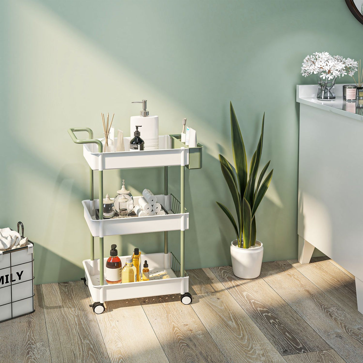 Rolling Trolley, Serving Trolley With 3 Tiers And Hanging Basket, Storage Trolley With Handle, Kitchen Trolley, Steel, White