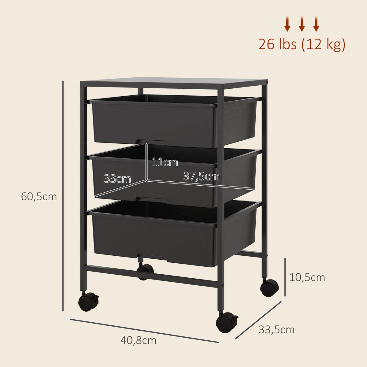 Rolling Trolley Serving Trolley with 3 Tier Handles Storage Trolley for Kitchen Living Room 40.8 x 33.5 x 60.5 cm Black