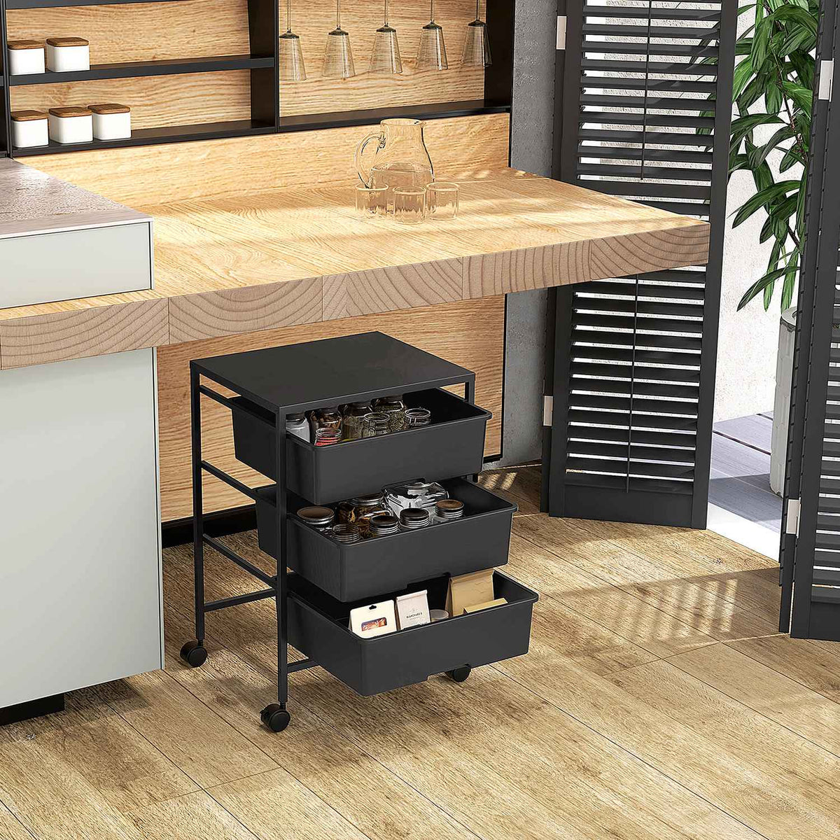 Rolling Trolley Serving Trolley with 3 Tier Handles Storage Trolley for Kitchen Living Room 40.8 x 33.5 x 60.5 cm Black