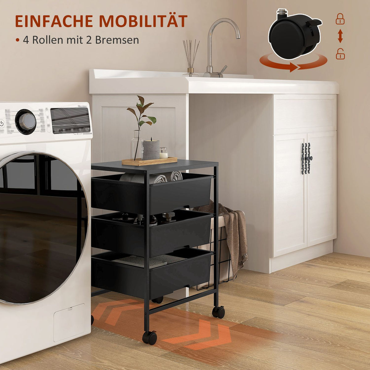 Rolling Trolley Serving Trolley with 3 Tier Handles Storage Trolley for Kitchen Living Room 40.8 x 33.5 x 60.5 cm Black