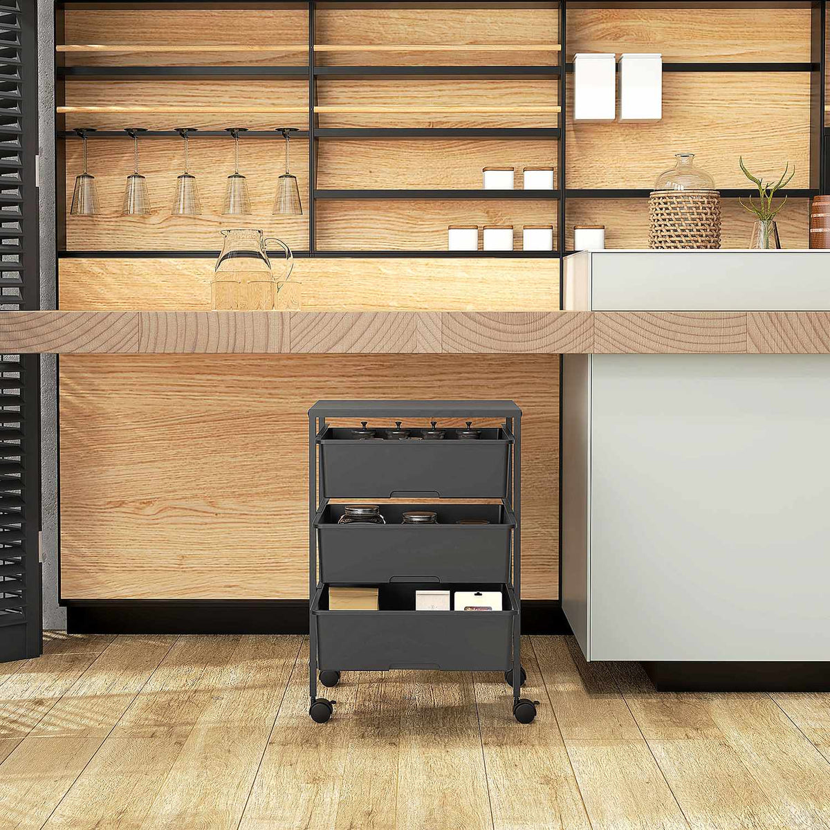 Rolling Trolley Serving Trolley with 3 Tier Handles Storage Trolley for Kitchen Living Room 40.8 x 33.5 x 60.5 cm Black