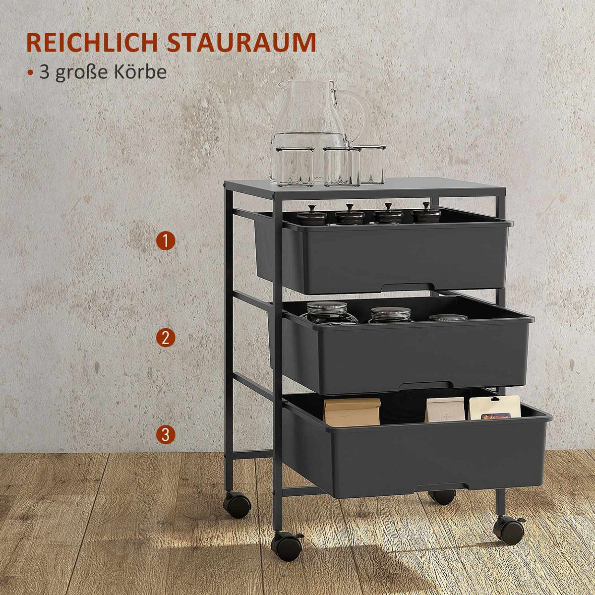 Rolling Trolley Serving Trolley with 3 Tier Handles Storage Trolley for Kitchen Living Room 40.8 x 33.5 x 60.5 cm Black