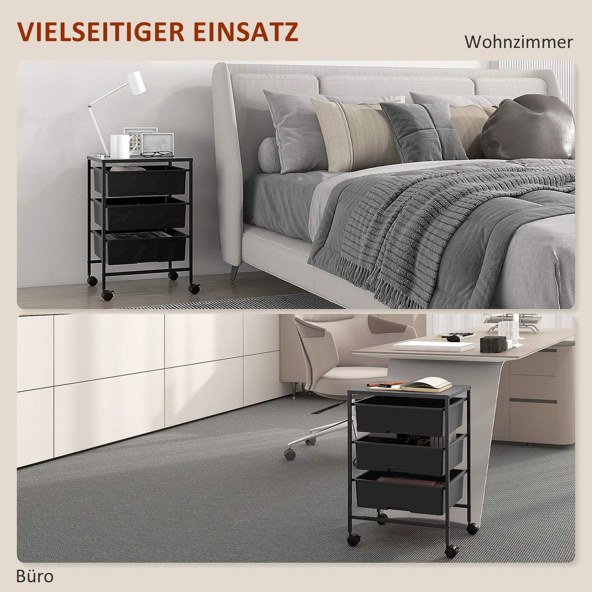 Rolling Trolley Serving Trolley with 3 Tier Handles Storage Trolley for Kitchen Living Room 40.8 x 33.5 x 60.5 cm Black