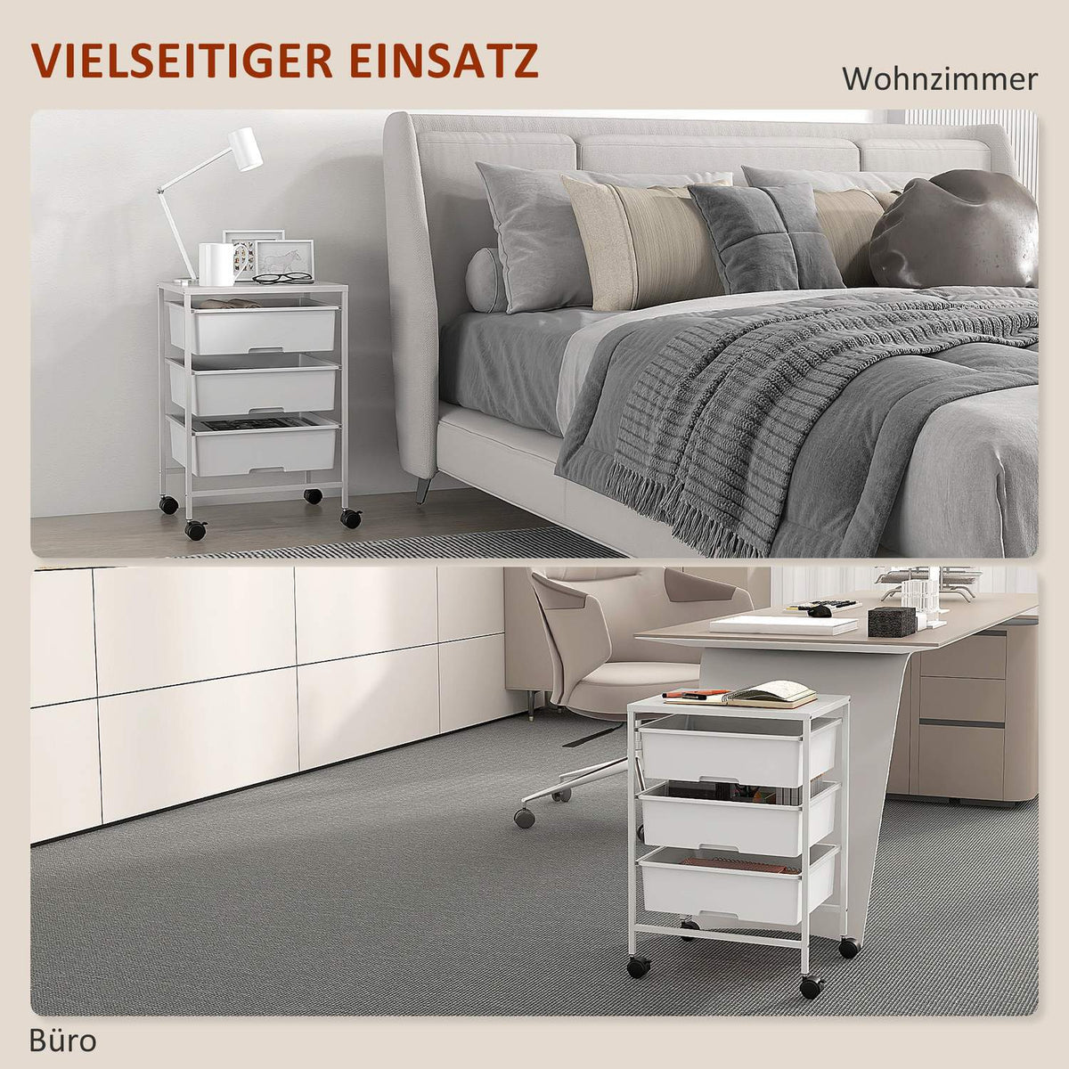 Rolling Trolley Serving Trolley with 3 Tier Handles Storage Trolley for Kitchen Living Room 40.8 x 33.5 x 60.5 cm White