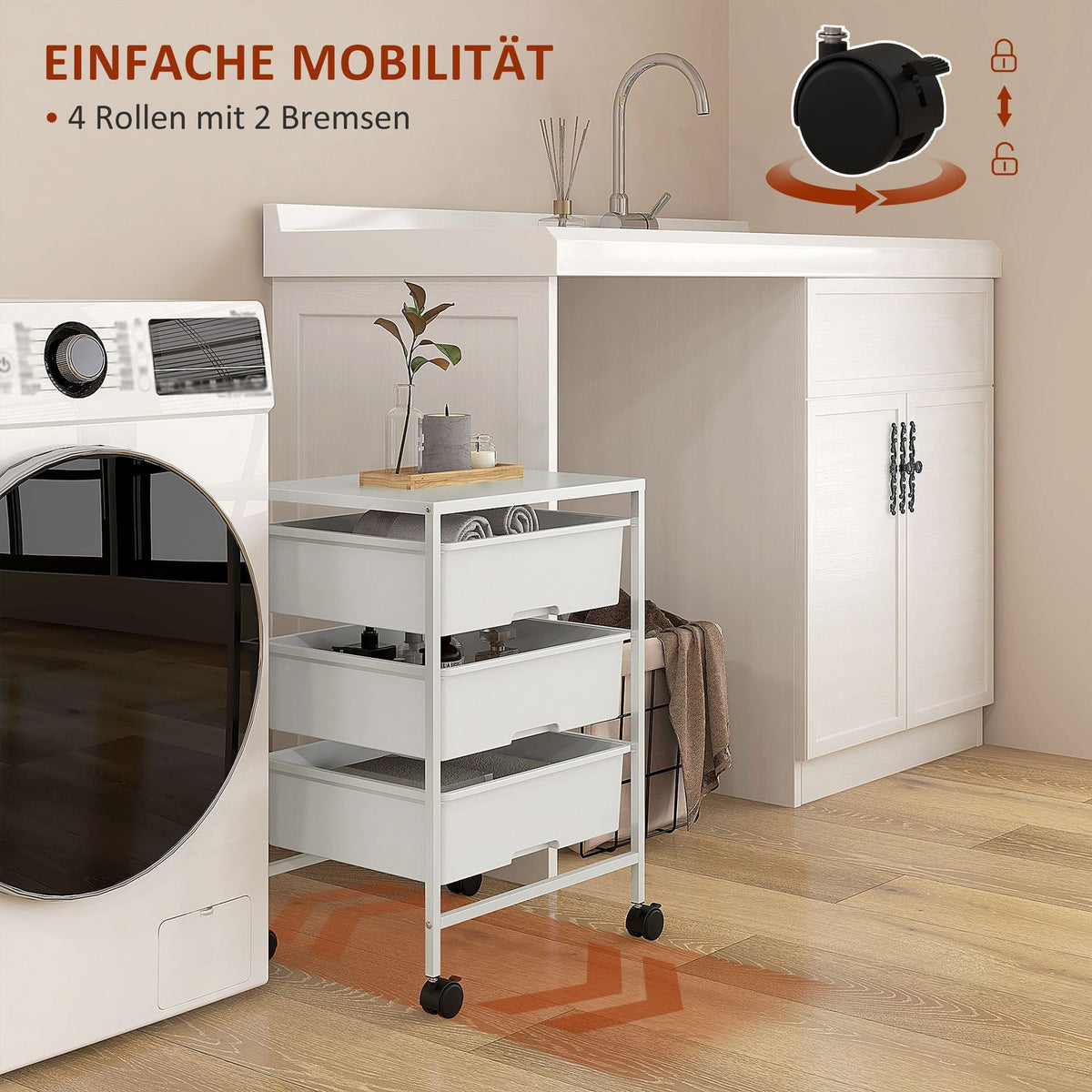 Rolling Trolley Serving Trolley with 3 Tier Handles Storage Trolley for Kitchen Living Room 40.8 x 33.5 x 60.5 cm White