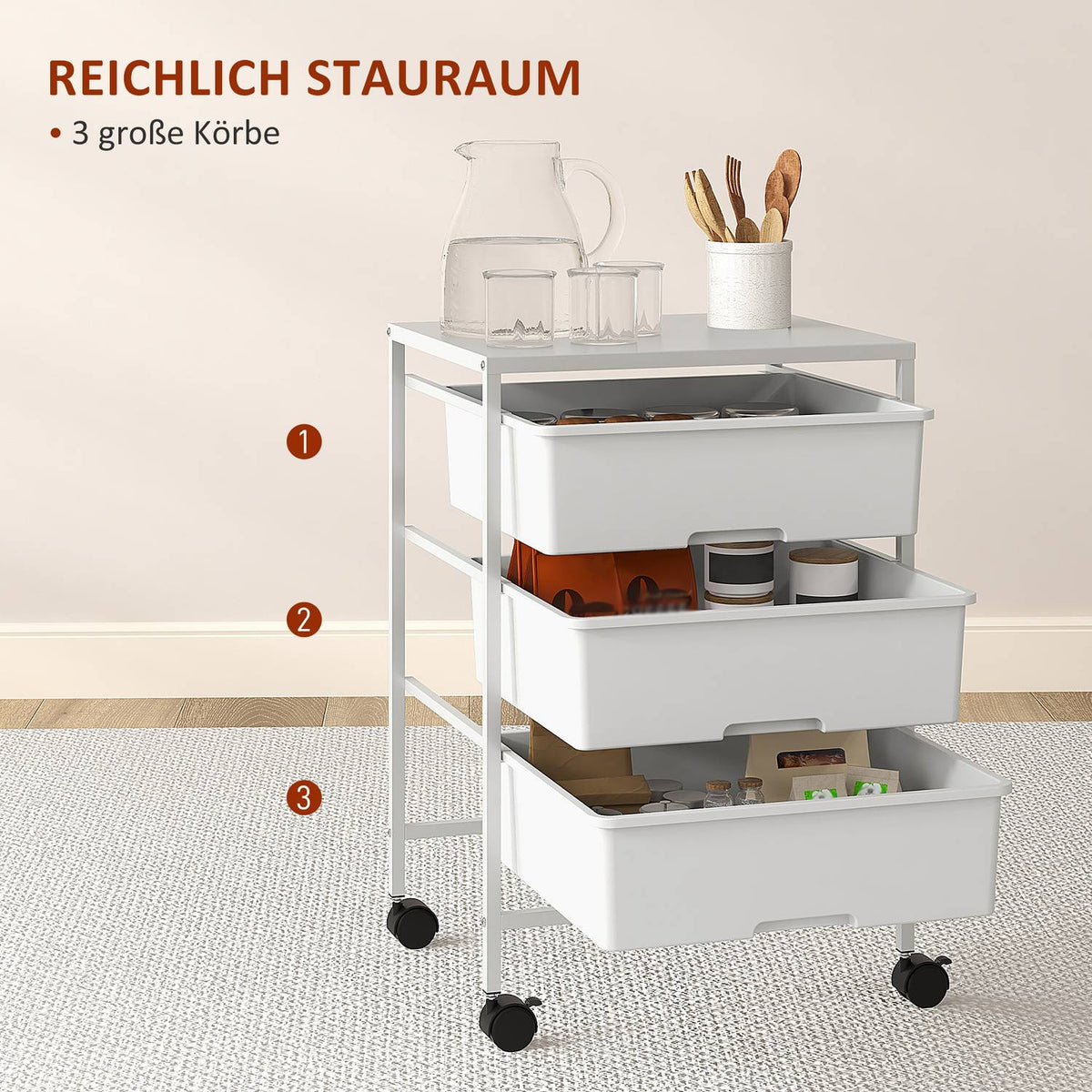 Rolling Trolley Serving Trolley with 3 Tier Handles Storage Trolley for Kitchen Living Room 40.8 x 33.5 x 60.5 cm White