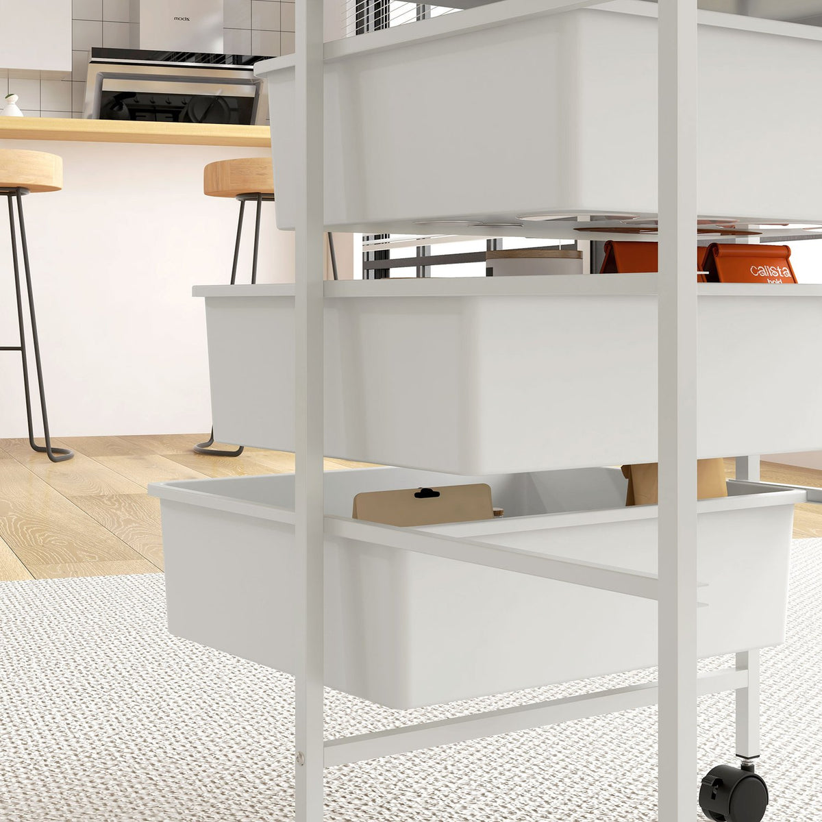 Rolling Trolley Serving Trolley with 3 Tier Handles Storage Trolley for Kitchen Living Room 40.8 x 33.5 x 60.5 cm White