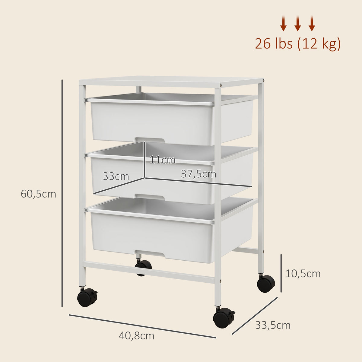 Rolling Trolley Serving Trolley with 3 Tier Handles Storage Trolley for Kitchen Living Room 40.8 x 33.5 x 60.5 cm White