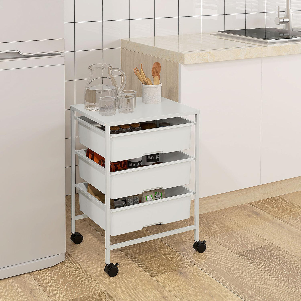 Rolling Trolley Serving Trolley with 3 Tier Handles Storage Trolley for Kitchen Living Room 40.8 x 33.5 x 60.5 cm White