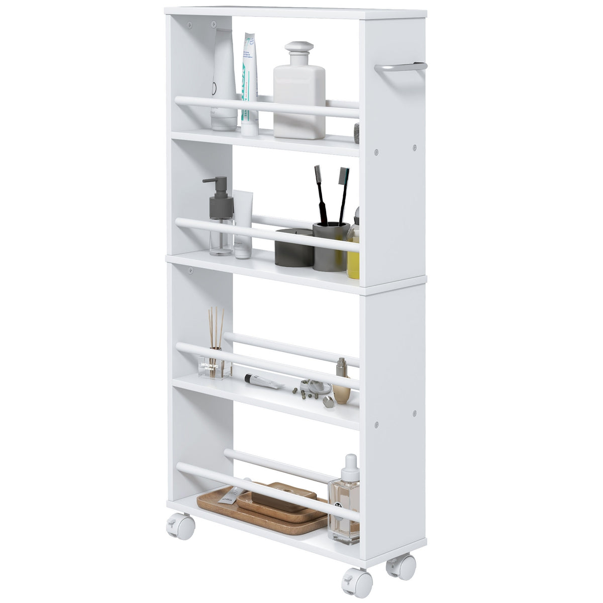 Rolling Trolley Slim Serving Trolley with 4 Tier Handles Storage Trolley for Kitchen Living Room White 45 x 15 x 91 cm