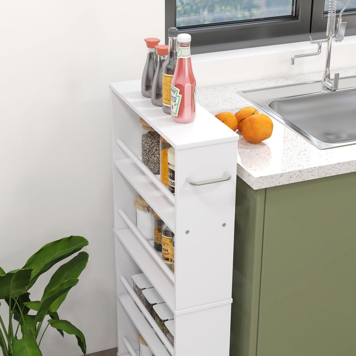 Rolling Trolley Slim Serving Trolley with 4 Tier Handles Storage Trolley for Kitchen Living Room White 45 x 15 x 91 cm
