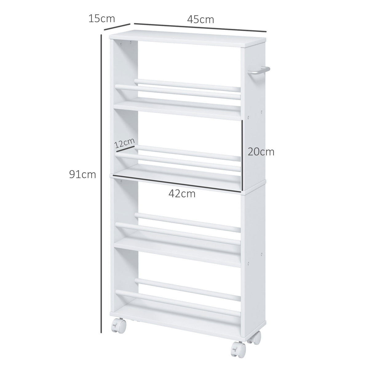 Rolling Trolley Slim Serving Trolley with 4 Tier Handles Storage Trolley for Kitchen Living Room White 45 x 15 x 91 cm
