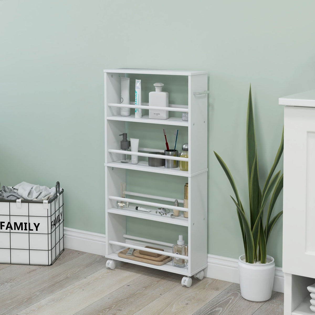 Rolling Trolley Slim Serving Trolley with 4 Tier Handles Storage Trolley for Kitchen Living Room White 45 x 15 x 91 cm