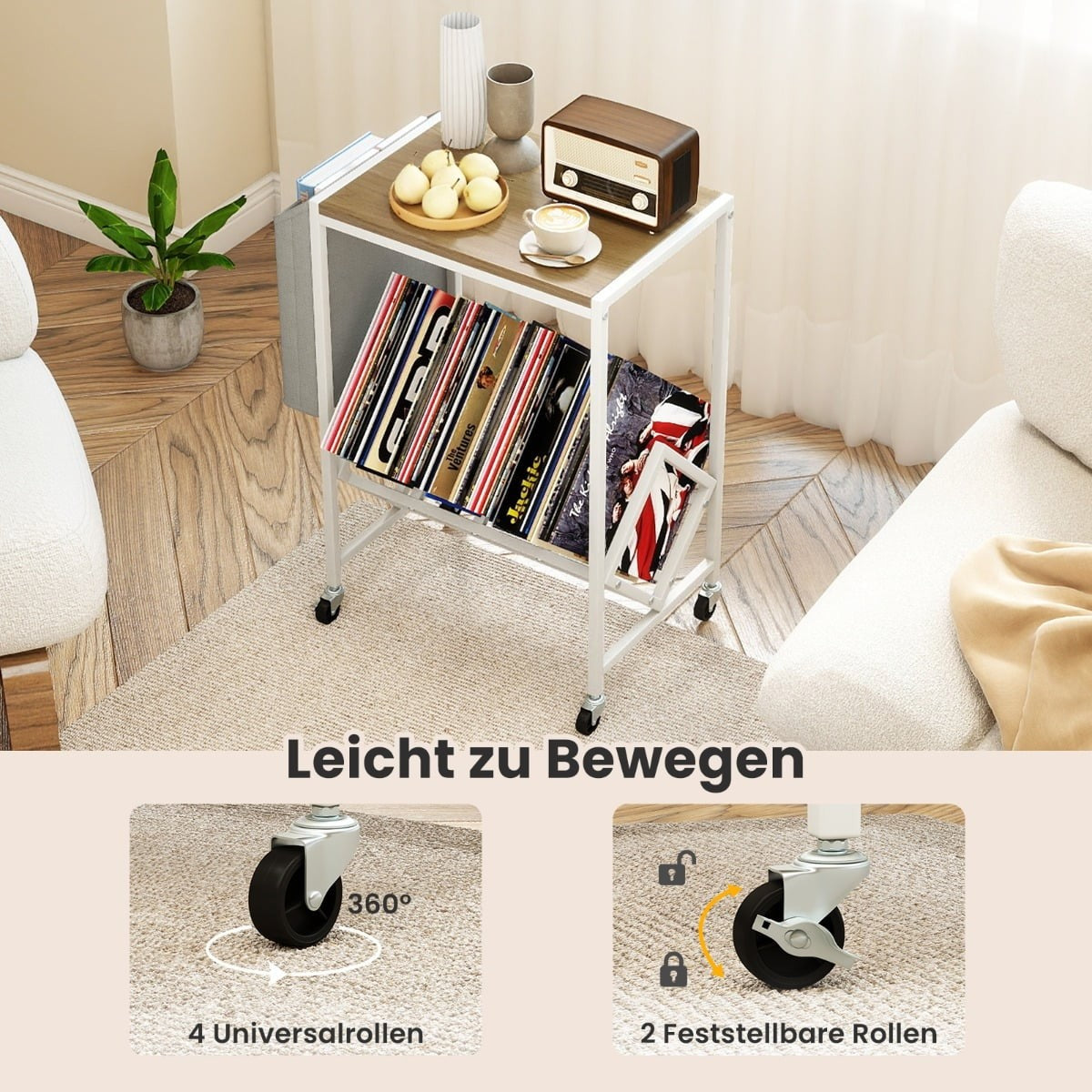Rolling Turntable Stand with Vinyl Storage & Magazine Rack
