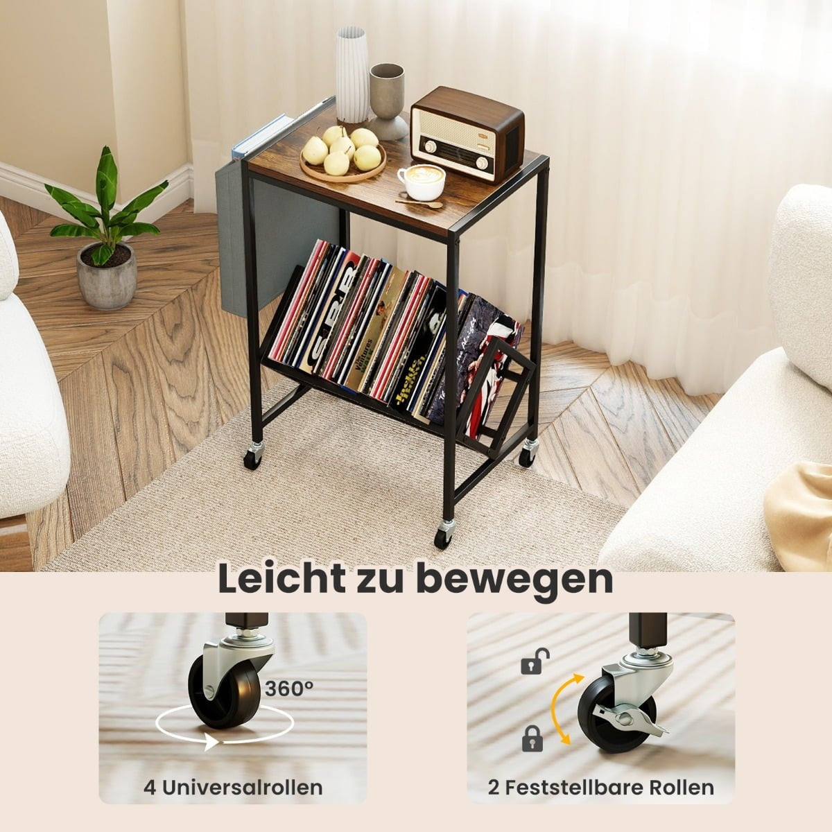Rolling Turntable Stand with Vinyl Storage, Rustic Brown