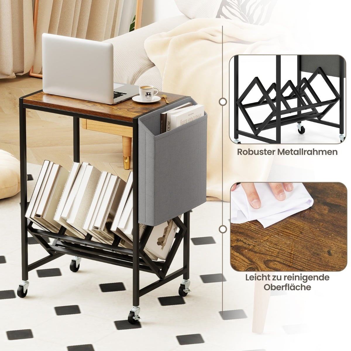 Rolling Turntable Stand with Vinyl Storage, Rustic Brown