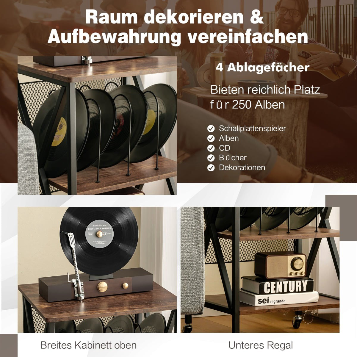 Rolling Vinyl Record Stand, 3 Shelves, 52x45x75 cm, Brown