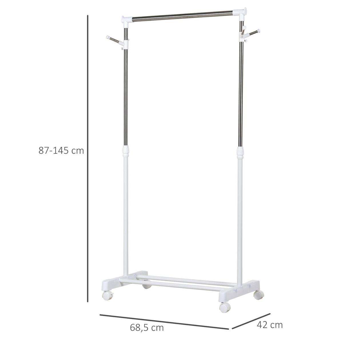 Rolling coat rack, height-adjustable, with lower shelf, 4 wheels, white
