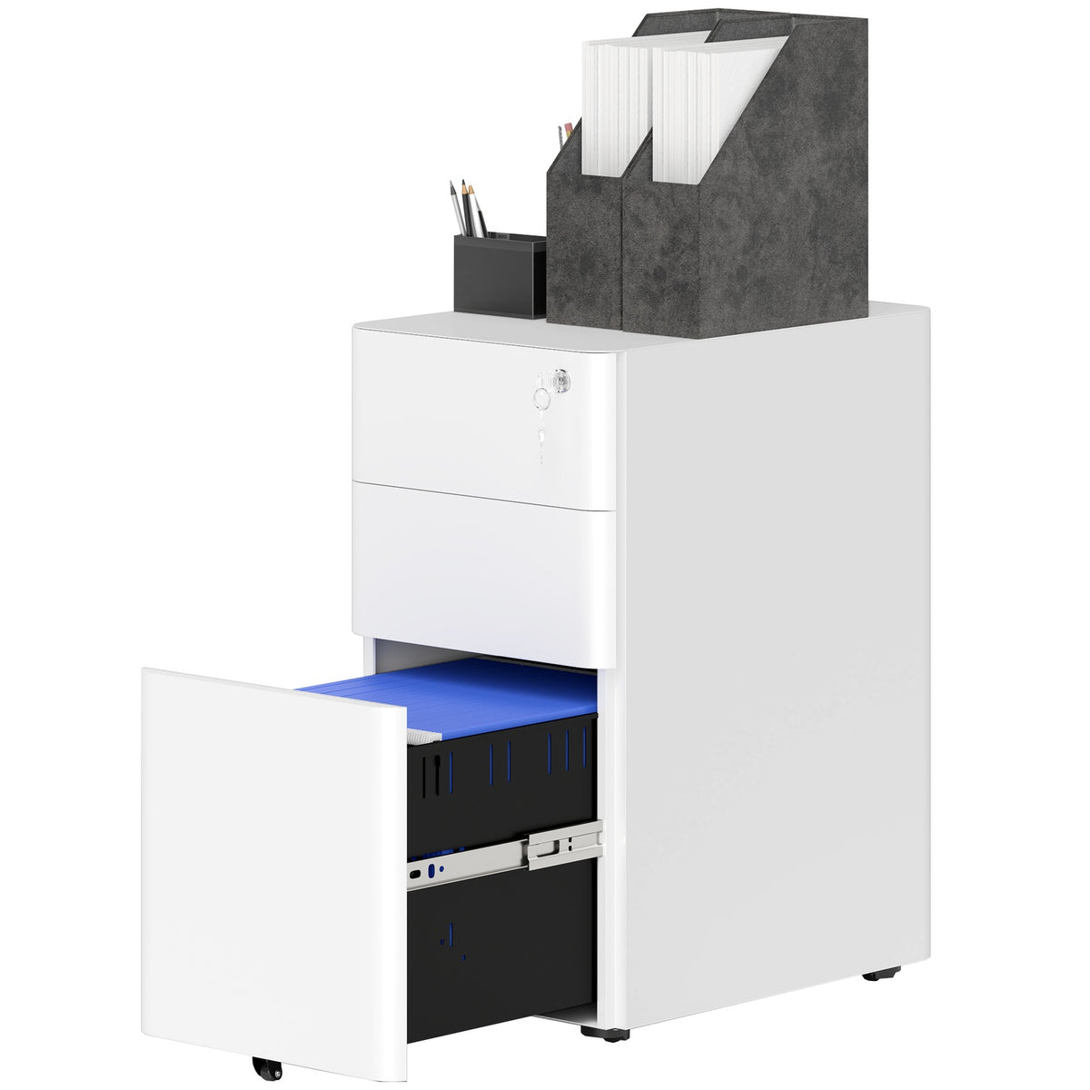 Rolling container, mobile filing cabinet with 3 drawers, lockable office cabinet, narrow with pre-assembled body except wheels for A4, legal, letter, steel, 30 x 45 x 59 cm white |