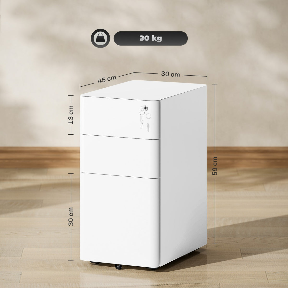 Rolling container, mobile filing cabinet with 3 drawers, lockable office cabinet, narrow with pre-assembled body except wheels for A4, legal, letter, steel, 30 x 45 x 59 cm white |