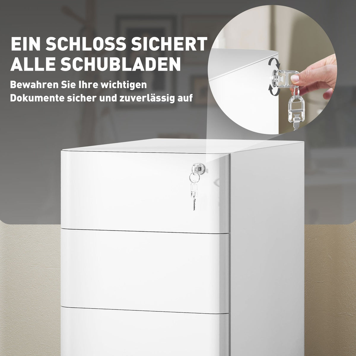 Rolling container, mobile filing cabinet with 3 drawers, lockable office cabinet, narrow with pre-assembled body except wheels for A4, legal, letter, steel, 30 x 45 x 59 cm white |