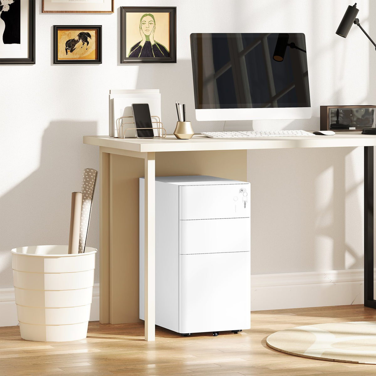 Rolling container, mobile filing cabinet with 3 drawers, lockable office cabinet, narrow with pre-assembled body except wheels for A4, legal, letter, steel, 30 x 45 x 59 cm white |