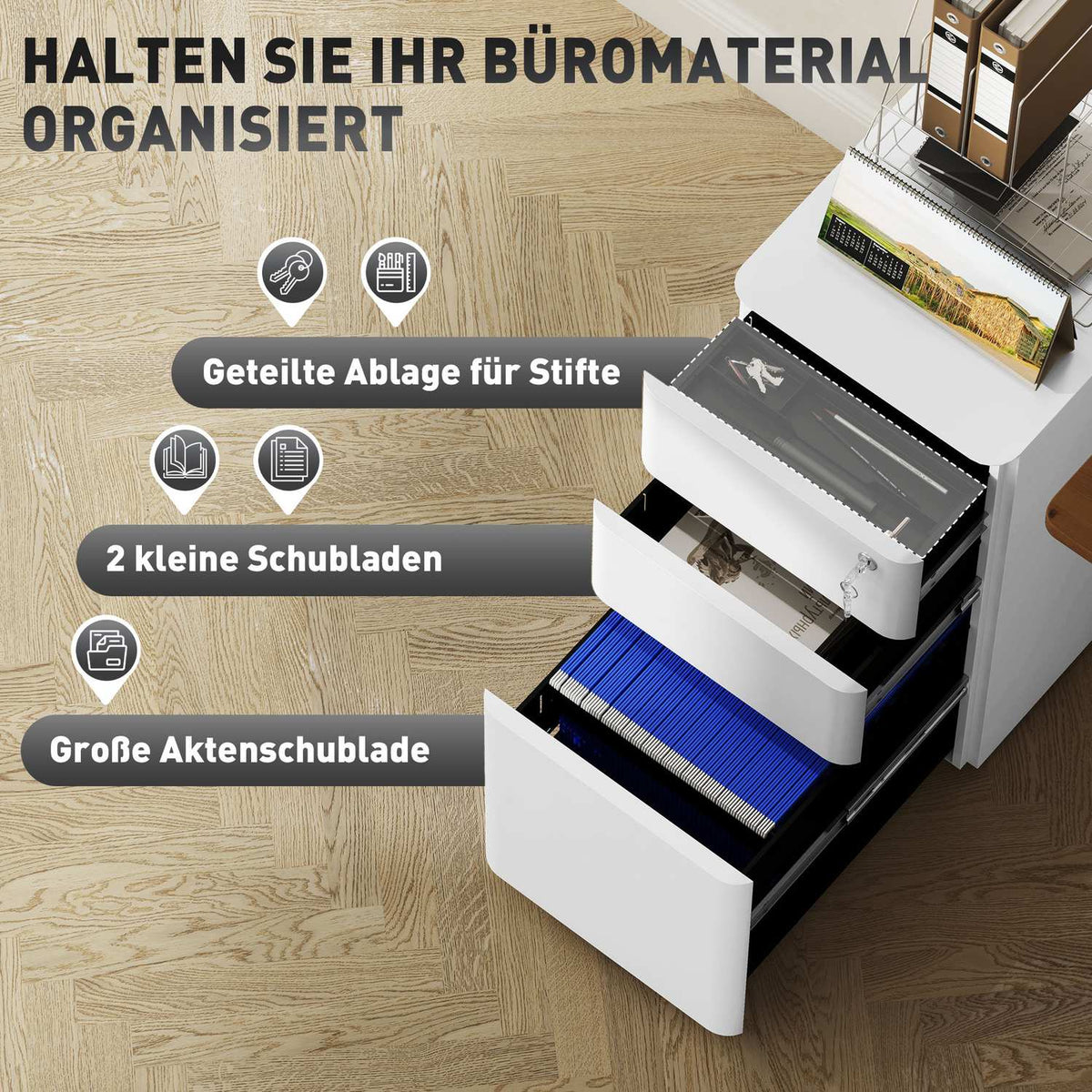 Rolling container, mobile filing cabinet with 3 drawers, lockable office cabinet, narrow with pre-assembled body except wheels for A4, legal, letter, steel, 30 x 45 x 59 cm white |