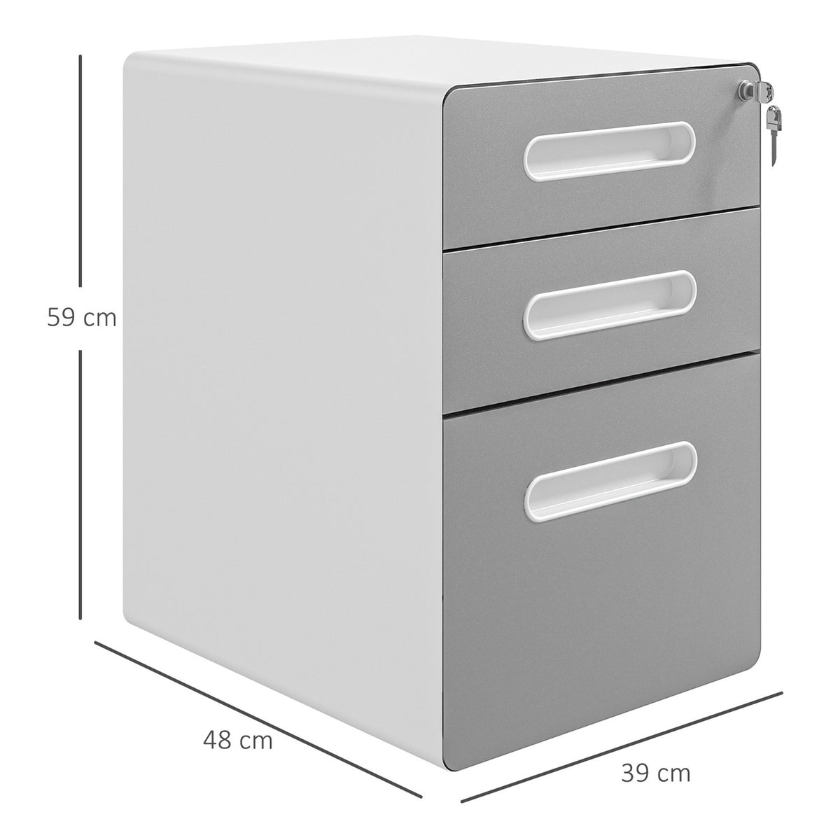 Rolling container, mobile filing cabinet with 3 drawers, lockable office cabinet with hanging file, storage, steel, 39 x 48 x 59 cm light gray
