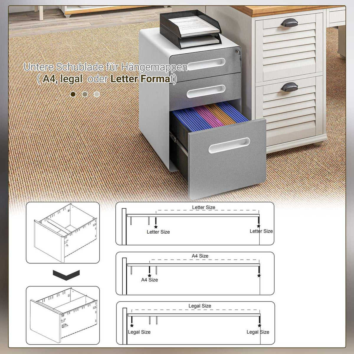 Rolling container, mobile filing cabinet with 3 drawers, lockable office cabinet with hanging file, storage, steel, 39 x 48 x 59 cm light gray