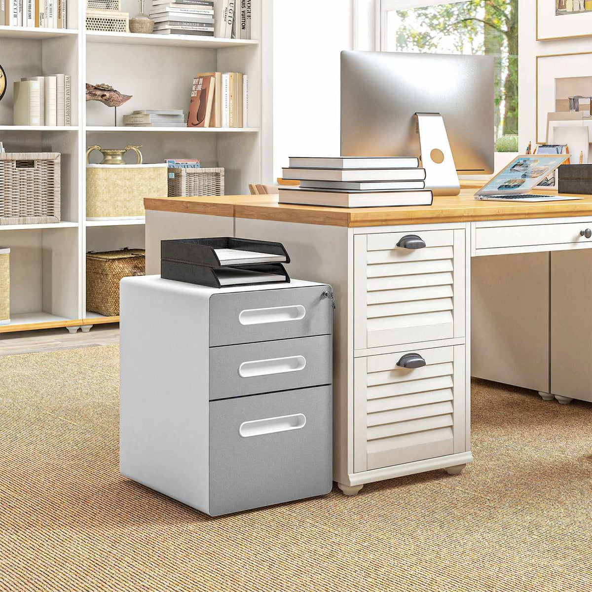 Rolling container, mobile filing cabinet with 3 drawers, lockable office cabinet with hanging file, storage, steel, 39 x 48 x 59 cm light gray