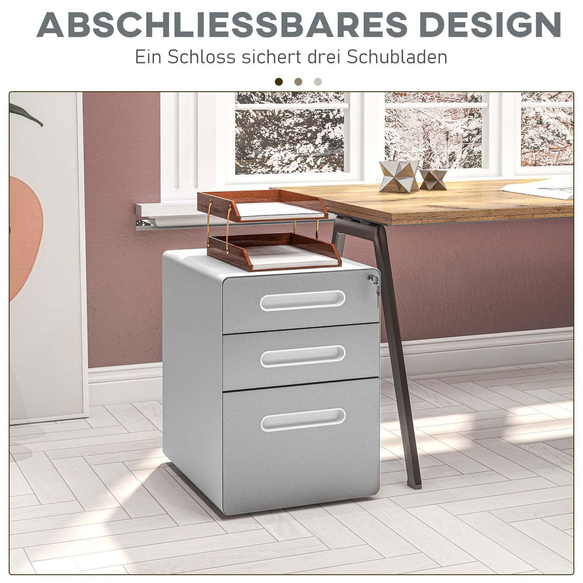 Rolling container, mobile filing cabinet with 3 drawers, lockable office cabinet with hanging file, storage, steel, 39 x 48 x 59 cm light gray