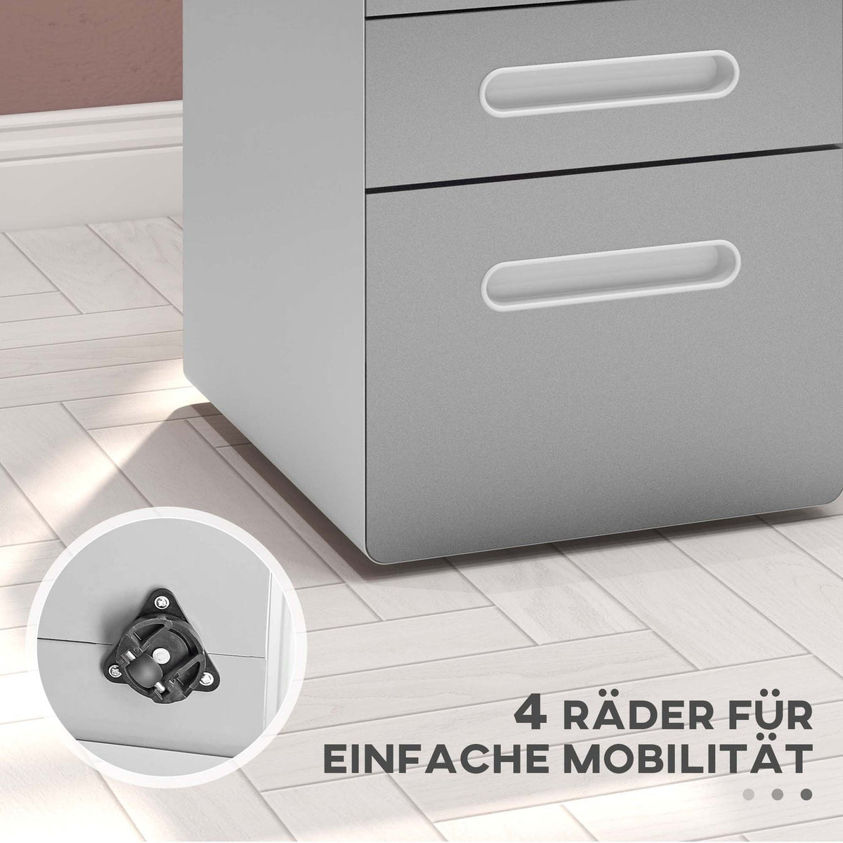 Rolling container, mobile filing cabinet with 3 drawers, lockable office cabinet with hanging file, storage, steel, 39 x 48 x 59 cm light gray