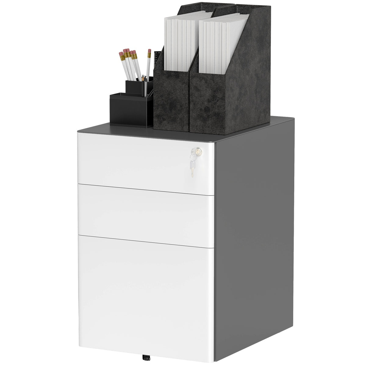Rolling container, mobile filing cabinet with 3 drawers, lockable office cabinet with hanging file, storage, steel, 39 x 48 x 59 cm white + gray