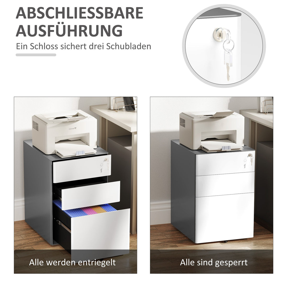 Rolling container, mobile filing cabinet with 3 drawers, lockable office cabinet with hanging file, storage, steel, 39 x 48 x 59 cm white + gray