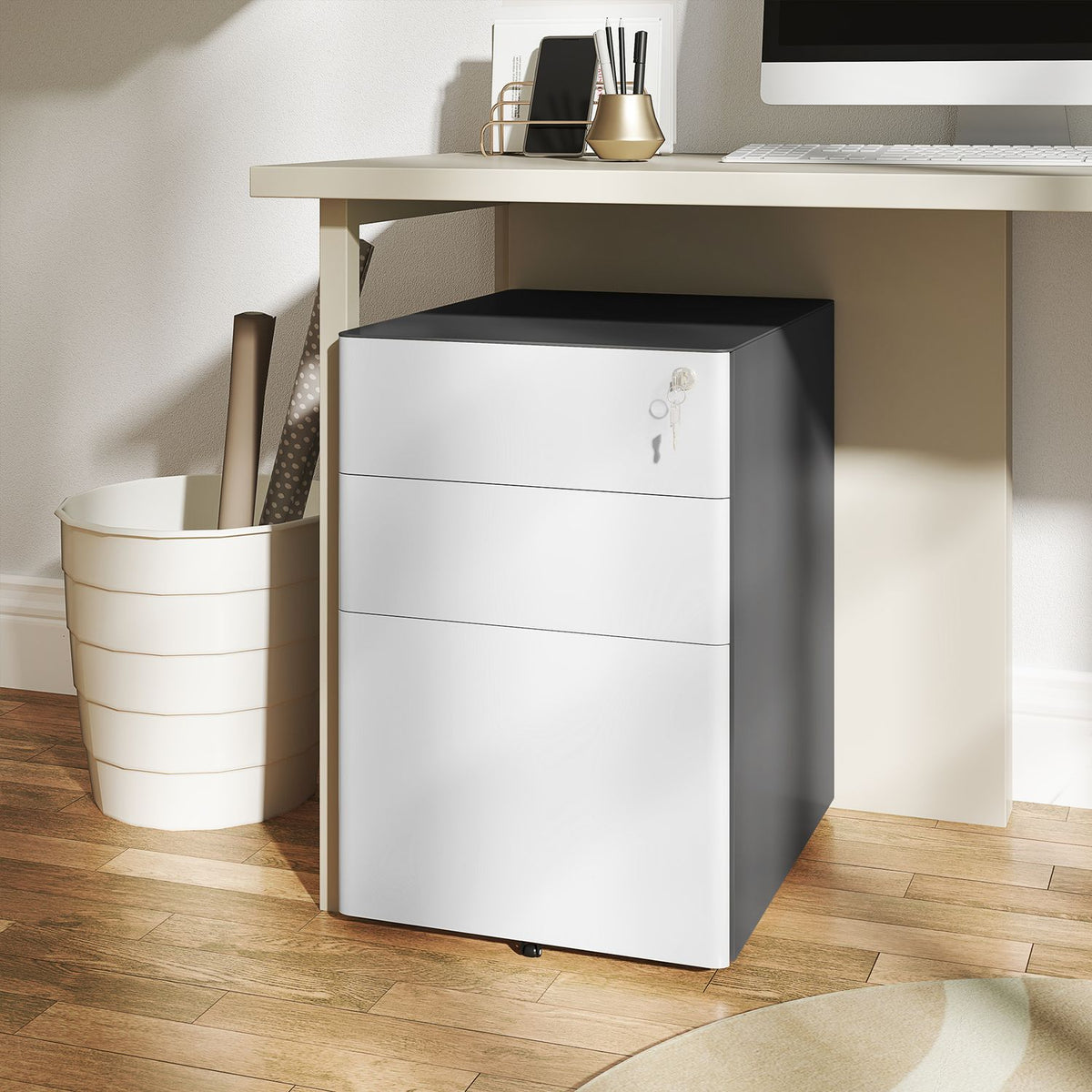 Rolling container, mobile filing cabinet with 3 drawers, lockable office cabinet with hanging file, storage, steel, 39 x 48 x 59 cm white + gray