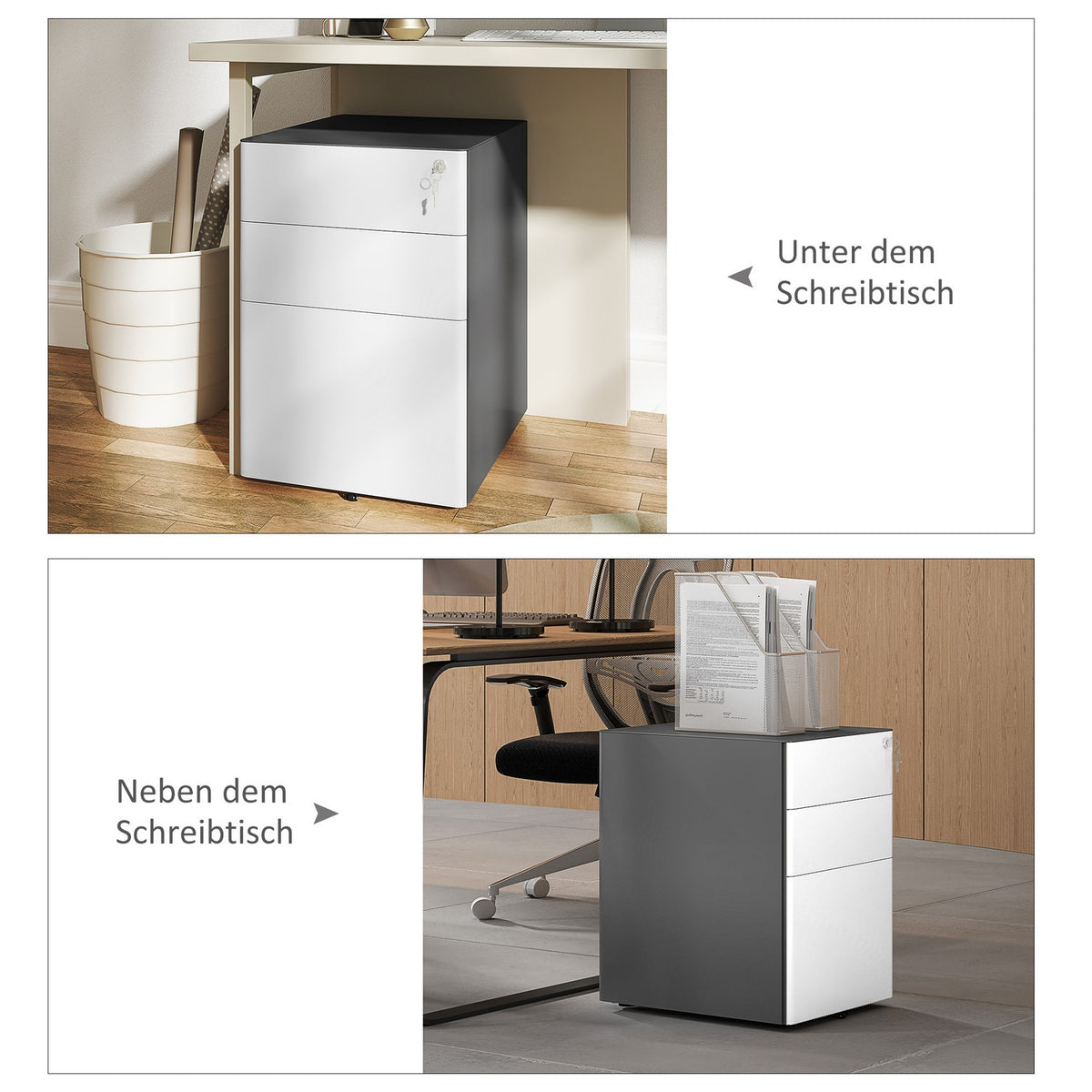 Rolling container, mobile filing cabinet with 3 drawers, lockable office cabinet with hanging file, storage, steel, 39 x 48 x 59 cm white + gray