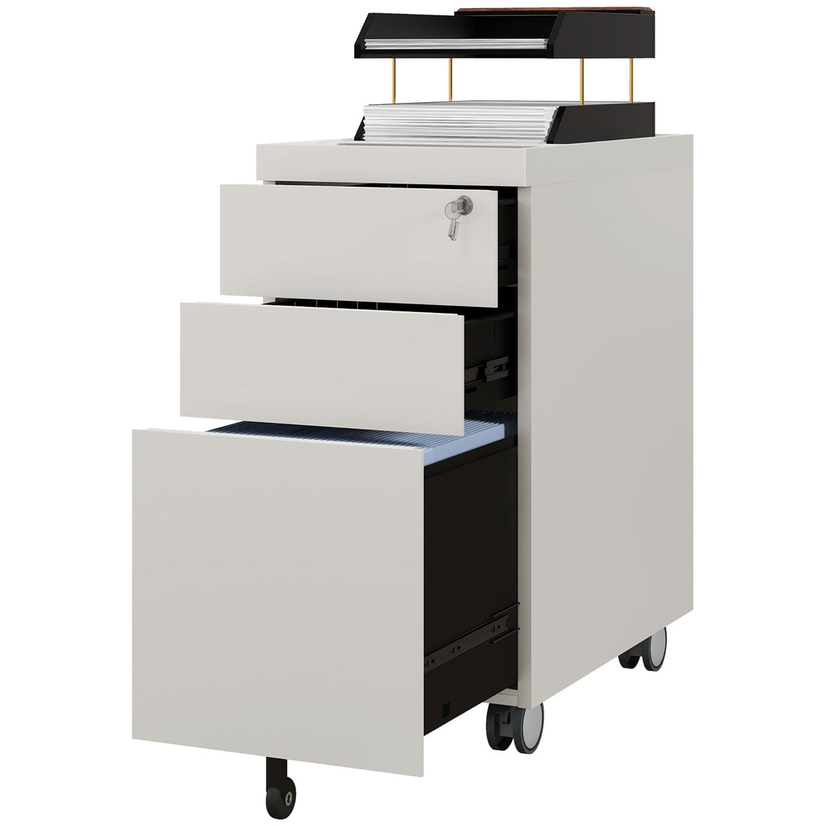 Rolling container with 3 drawers, filing cabinet with lock, top opening, office cabinet for letter format, A4 Legal, 30x50x61cm, white