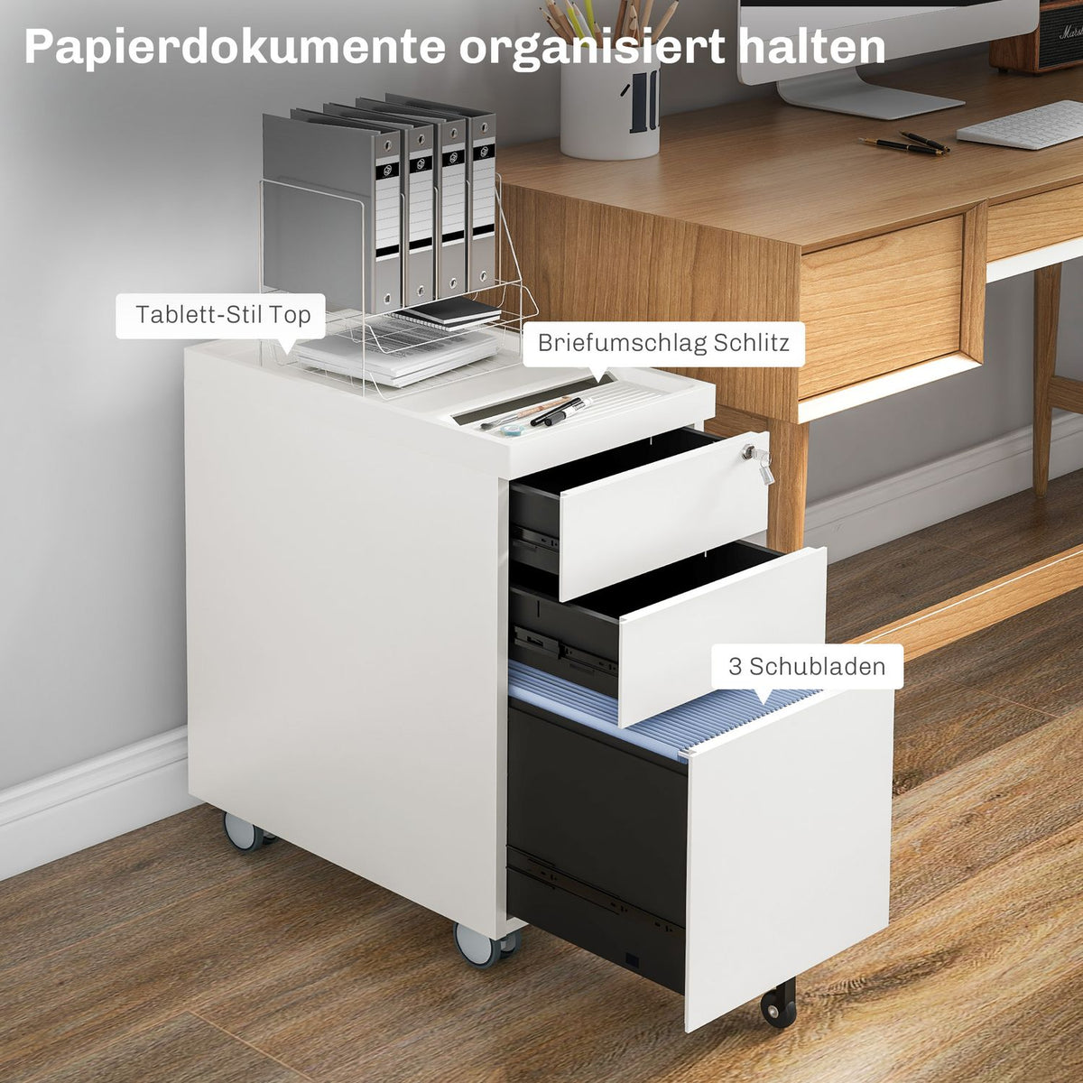 Rolling container with 3 drawers, filing cabinet with lock, top opening, office cabinet for letter format, A4 Legal, 30x50x61cm, white