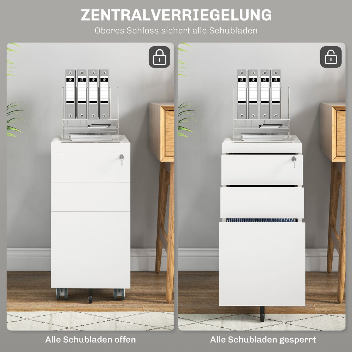 Rolling container with 3 drawers, filing cabinet with lock, top opening, office cabinet for letter format, A4 Legal, 30x50x61cm, white