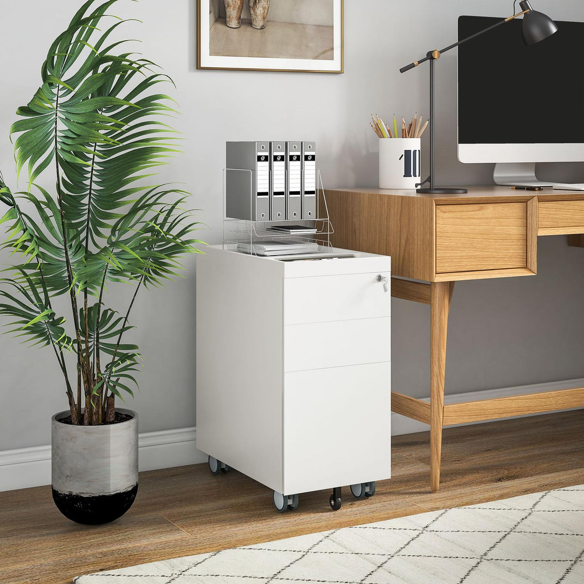 Rolling container with 3 drawers, filing cabinet with lock, top opening, office cabinet for letter format, A4 Legal, 30x50x61cm, white