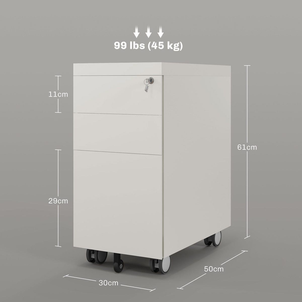 Rolling container with 3 drawers, filing cabinet with lock, top opening, office cabinet for letter format, A4 Legal, 30x50x61cm, white