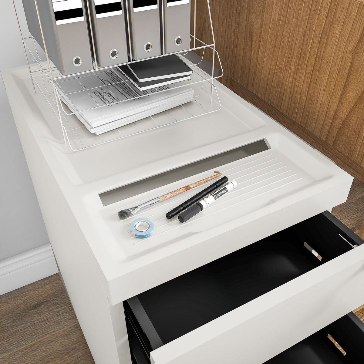 Rolling container with 3 drawers, filing cabinet with lock, top opening, office cabinet for letter format, A4 Legal, 30x50x61cm, white