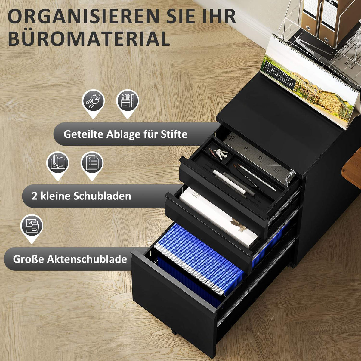 Rolling container with 3 drawers, mobile filing cabinet with wheels, lockable, office cabinet with hanging file, pen tray for office, home office, 30 x 43.5 x 60 cm, black |