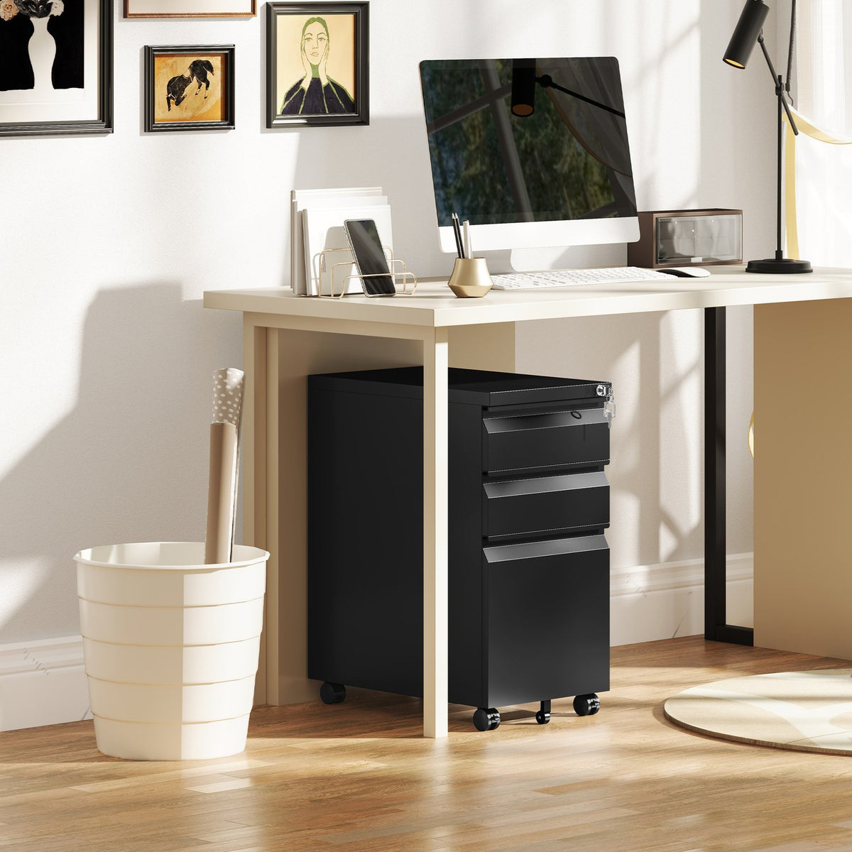 Rolling container with 3 drawers, mobile filing cabinet with wheels, lockable, office cabinet with hanging file, pen tray for office, home office, 30 x 43.5 x 60 cm, black |