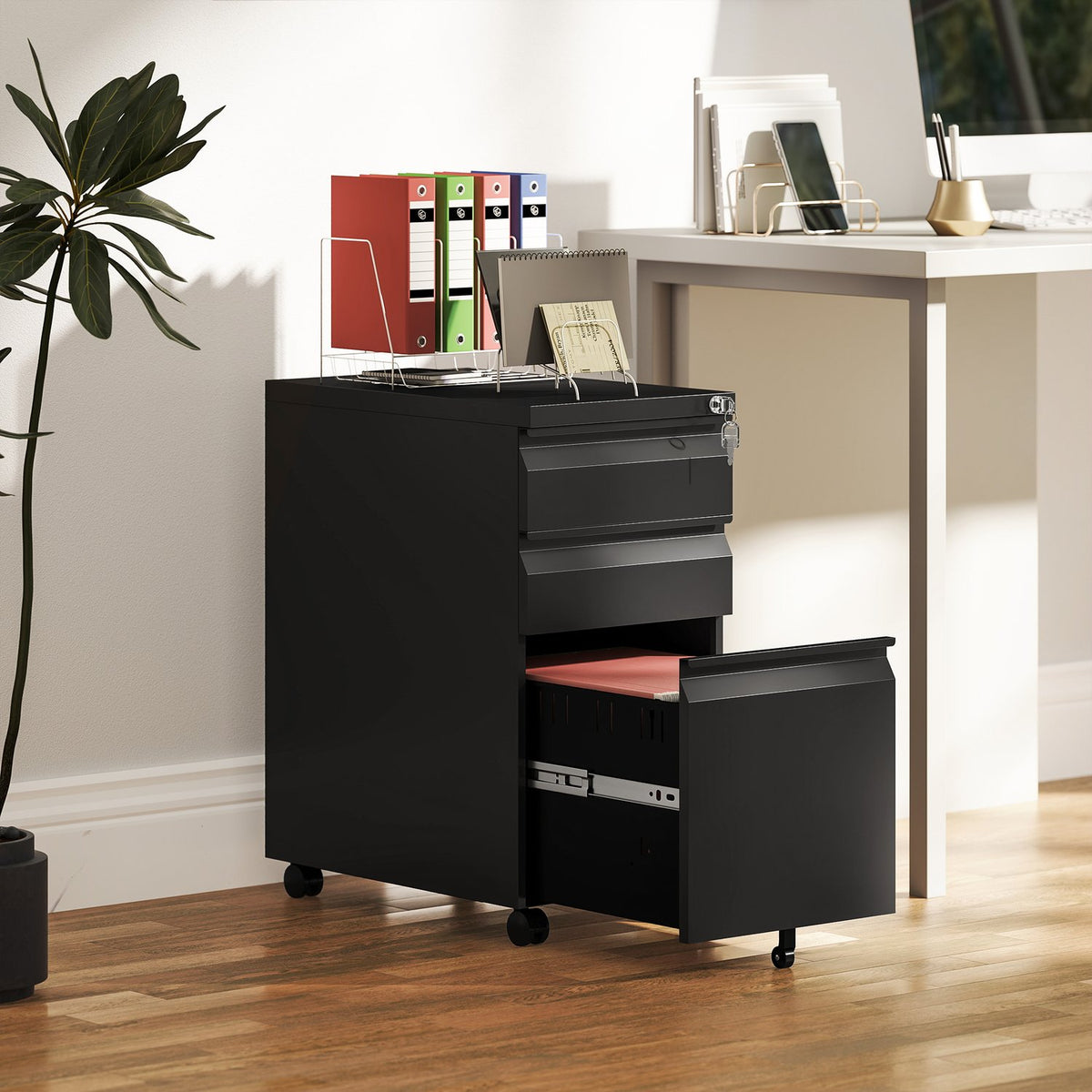 Rolling container with 3 drawers, mobile filing cabinet with wheels, lockable, office cabinet with hanging file, pen tray for office, home office, 30 x 43.5 x 60 cm, black |