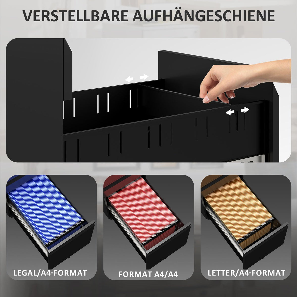 Rolling container with 3 drawers, mobile filing cabinet with wheels, lockable, office cabinet with hanging file, pen tray for office, home office, 30 x 43.5 x 60 cm, black |
