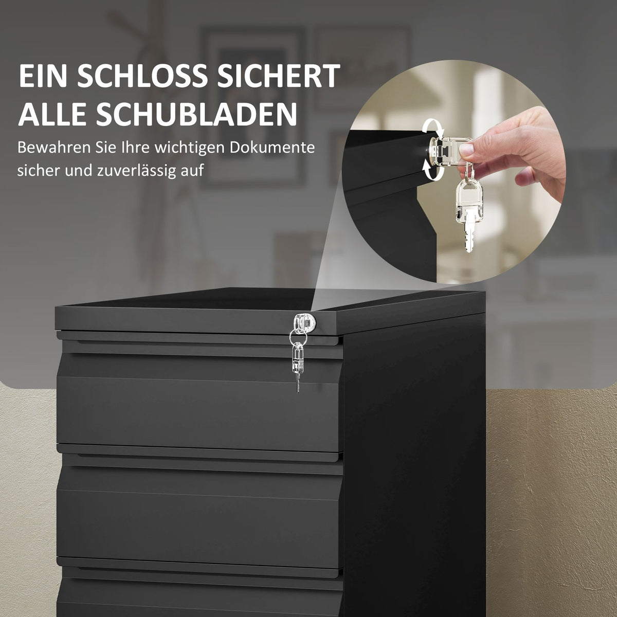 Rolling container with 3 drawers, mobile filing cabinet with wheels, lockable, office cabinet with hanging file, pen tray for office, home office, 30 x 43.5 x 60 cm, black |