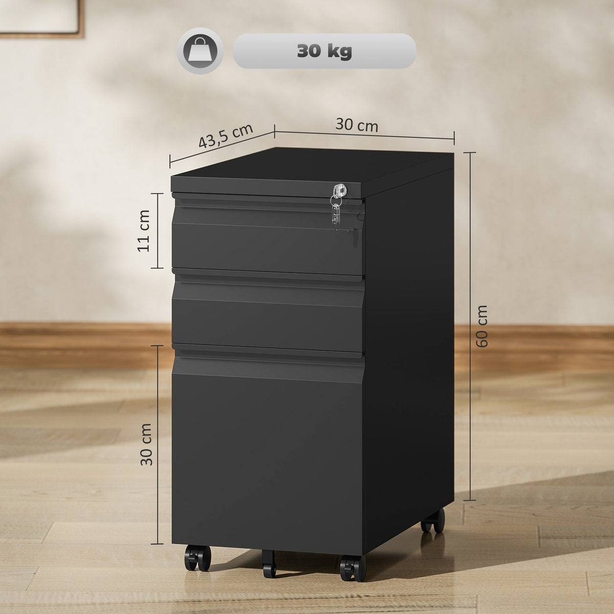 Rolling container with 3 drawers, mobile filing cabinet with wheels, lockable, office cabinet with hanging file, pen tray for office, home office, 30 x 43.5 x 60 cm, black |