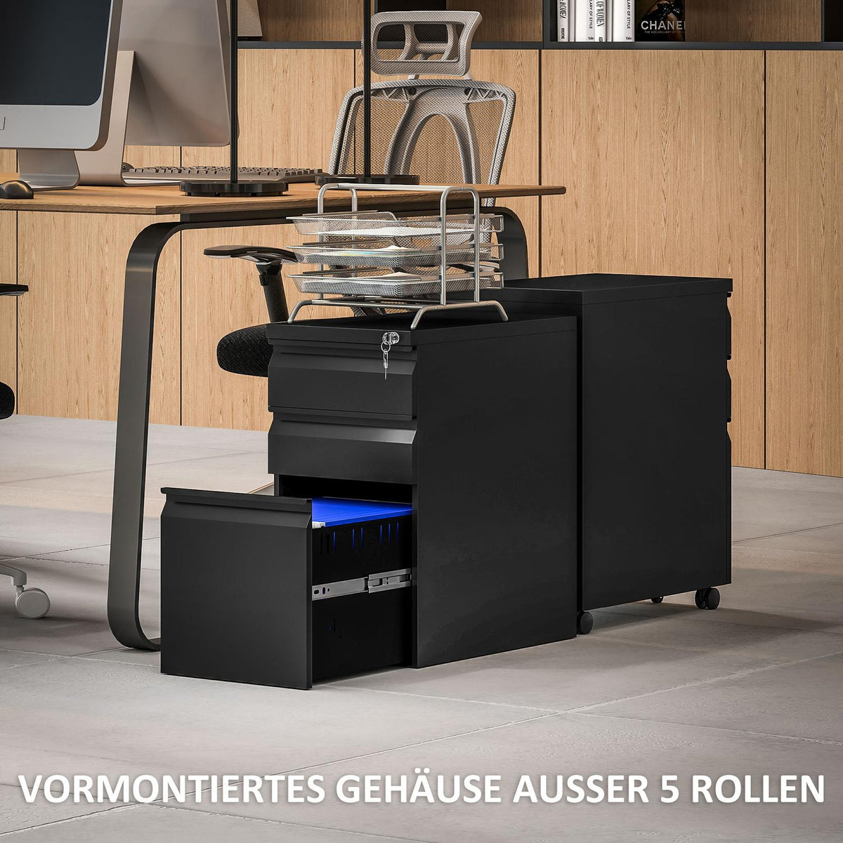 Rolling container with 3 drawers, mobile filing cabinet with wheels, lockable, office cabinet with hanging file, pen tray for office, home office, 30 x 43.5 x 60 cm, black |