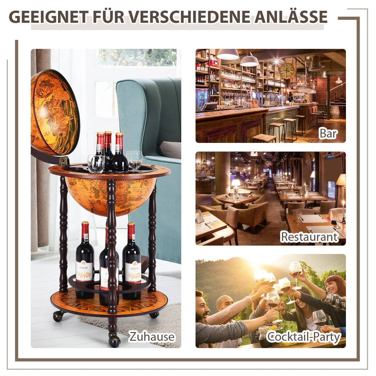 Rolling globe wine stand Globe Bar on wheels for wine 47 x 47 x 90 cm brown